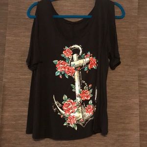 Black anchor gem short cut sleeves shirt